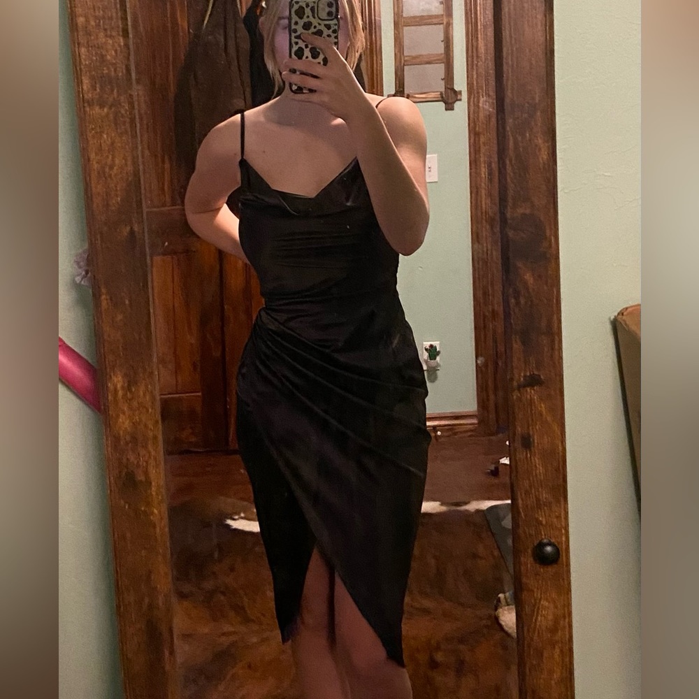 Black satin ruched dress